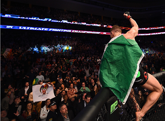 BOSTON, MA - JANUARY 18:  Conor McGregor of Ireland reacts after defeating Dennis Siver of Germany in their featherweight fight during the UFC Fight Night event at the TD Garden on January 18, 2015 in Boston, Massachusetts. (Photo by Jeff Bottari/Zuffa LL