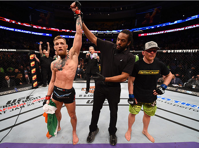 BOSTON, MA - JANUARY 18:  Conor McGregor of Ireland reacts after defeating Dennis Siver of Germany in their featherweight fight during the UFC Fight Night event at the TD Garden on January 18, 2015 in Boston, Massachusetts. (Photo by Jeff Bottari/Zuffa LL