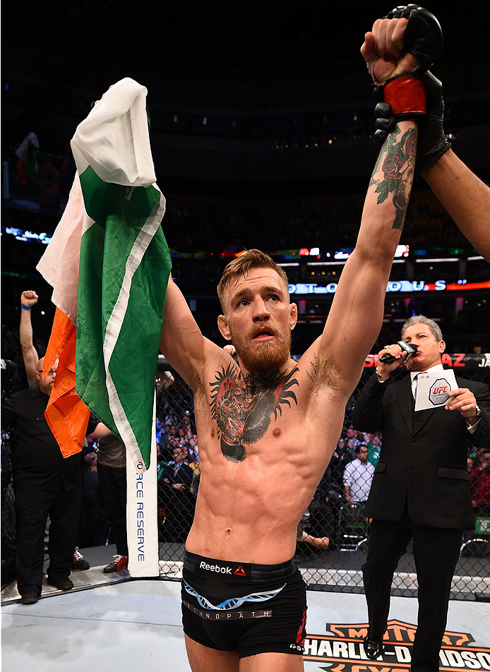 BOSTON, MA - JANUARY 18:  Conor McGregor of Ireland reacts after defeating Dennis Siver of Germany in their featherweight fight during the UFC Fight Night event at the TD Garden on January 18, 2015 in Boston, Massachusetts. (Photo by Jeff Bottari/Zuffa LL