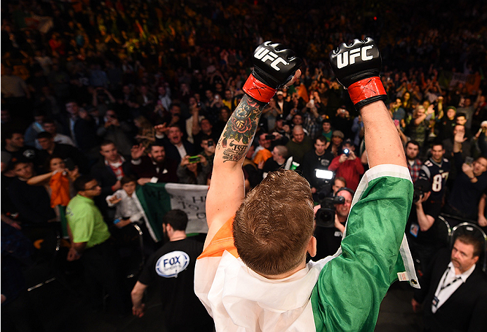 BOSTON, MA - JANUARY 18:  Conor McGregor of Ireland reacts after defeating Dennis Siver of Germany in their featherweight fight during the UFC Fight Night event at the TD Garden on January 18, 2015 in Boston, Massachusetts. (Photo by Jeff Bottari/Zuffa LL