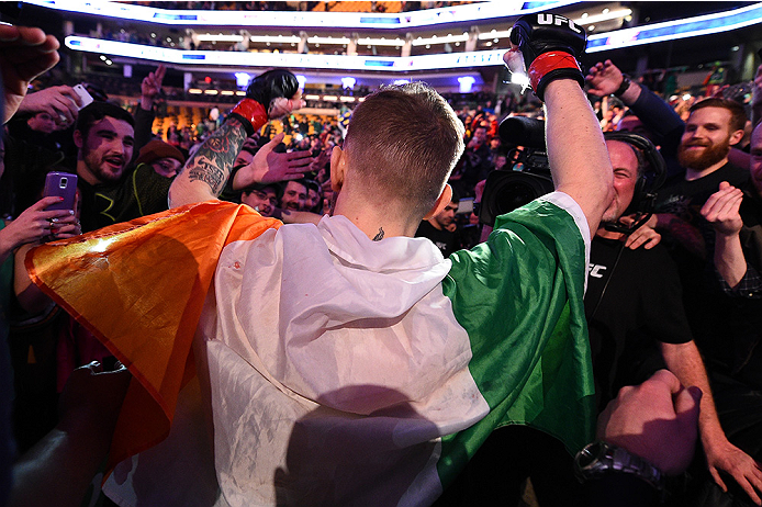 BOSTON, MA - JANUARY 18:  Conor McGregor of Ireland reacts after defeating Dennis Siver of Germany in their featherweight fight during the UFC Fight Night event at the TD Garden on January 18, 2015 in Boston, Massachusetts. (Photo by Jeff Bottari/Zuffa LL