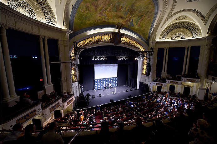 BOSTON, MA - JANUARY 17: A general view as UFC Featherweight Champion Jose Aldo interacts with fans during a Q&A session before the UFC Fight Boston weigh-in event at the Orpheum Theatre on January 17, 2015 in Boston, Massachusetts. (Photo by Jeff Bottar