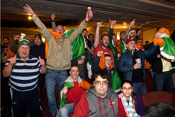 BOSTON, MA - JANUARY 17:  Boston fans react to UFC Featherweight Champion Jose Aldo on stage during a Q&A session before the UFC Fight Boston weigh-in event at the Orpheum Theatre on January 17, 2015 in Boston, Massachusetts. (Photo by Jeff Bottari/Zuffa 