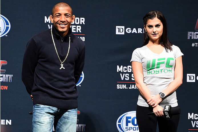 BOSTON, MA - JANUARY 17:  UFC Featherweight Champion Jose Aldo (L) and UFC host Megan Olivi interact with fans during a Q&A session before the UFC Fight Boston weigh-in event at the Orpheum Theatre on January 17, 2015 in Boston, Massachusetts. (Photo by J