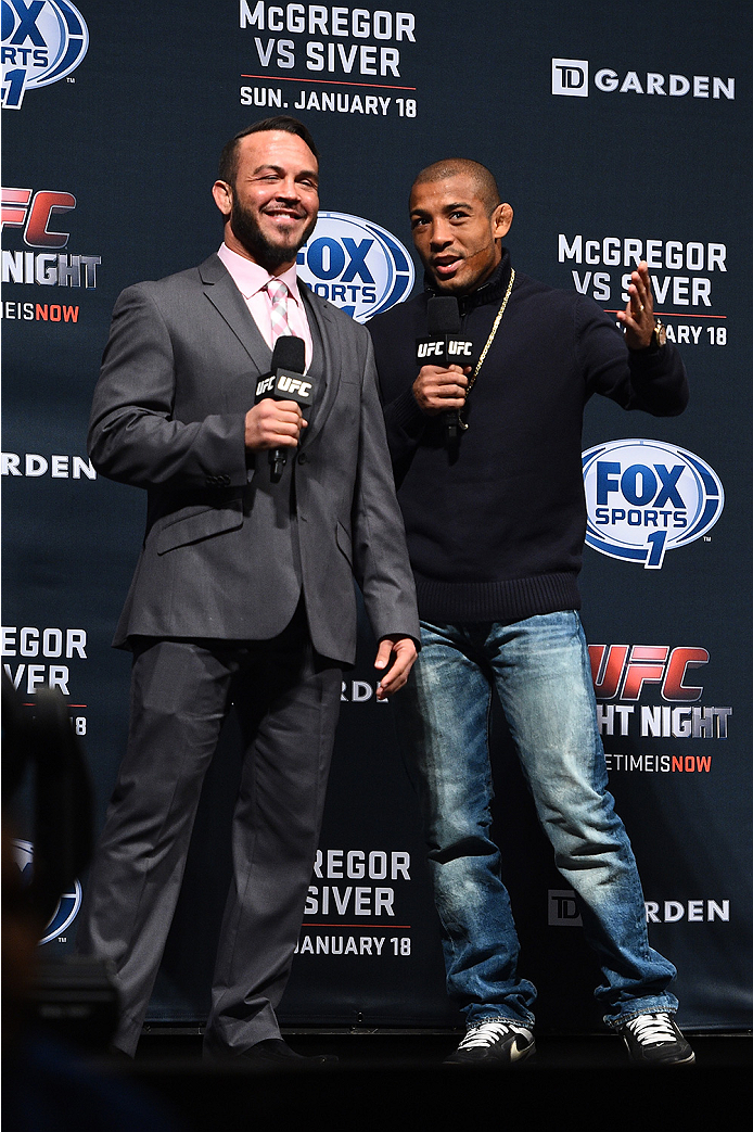 BOSTON, MA - JANUARY 17: UFC Featherweight Champion Jose Aldo (R) interacts with fans during a Q&A session before the UFC Fight Boston weigh-in event at the Orpheum Theatre on January 17, 2015 in Boston, Massachusetts. (Photo by Jeff Bottari/Zuffa LLC/Zu