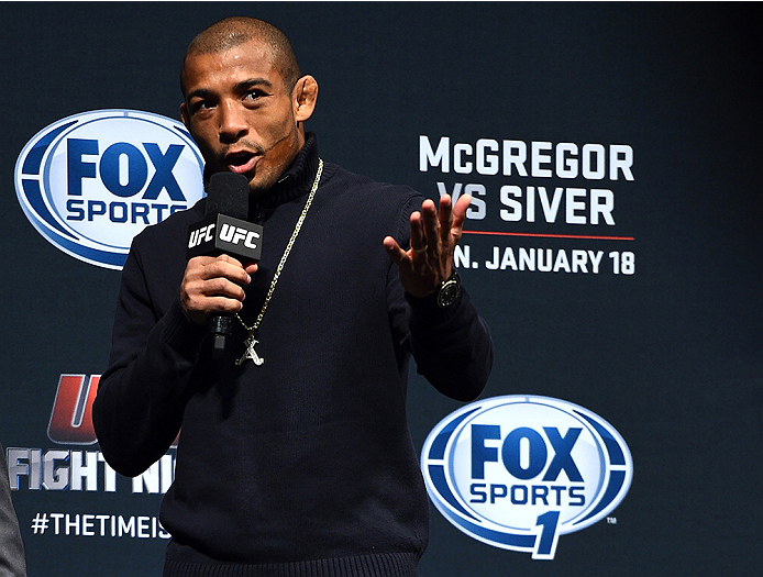 BOSTON, MA - JANUARY 17: UFC Featherweight Champion Jose Aldo interacts with fans during a Q&A session before the UFC Fight Boston weigh-in event at the Orpheum Theatre on January 17, 2015 in Boston, Massachusetts. (Photo by Jeff Bottari/Zuffa LLC/Zuffa