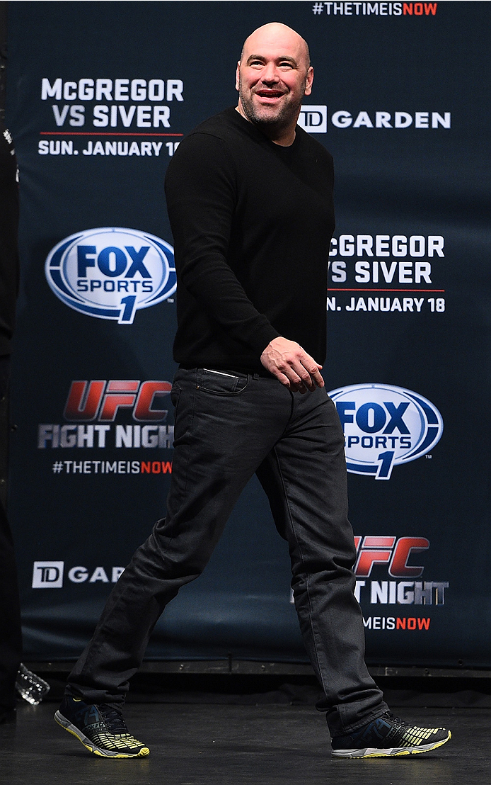 BOSTON, MA - JANUARY 17:  UFC President Dana White walks on stage during the UFC Fight Night Boston weigh-in event at the Orpheum Theatre on January 17, 2015 in Boston, Massachusetts. (Photo by Jeff Bottari/Zuffa LLC/Zuffa LLC via Getty Images)