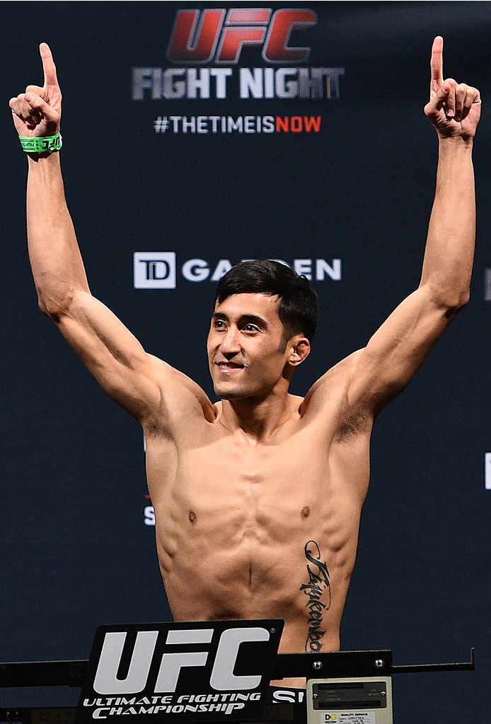 BOSTON, MA - JANUARY 17:  Joby Sanchez steps on the scale during the UFC Fight Night Boston weigh-in event at the Orpheum Theatre on January 17, 2015 in Boston, Massachusetts. (Photo by Jeff Bottari/Zuffa LLC/Zuffa LLC via Getty Images)