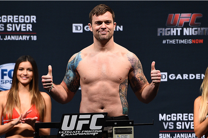 BOSTON, MA - JANUARY 17: Sean O'Connell steps on the scale during the UFC Fight Night Boston weigh-in event at the Orpheum Theatre on January 17, 2015 in Boston, Massachusetts. (Photo by Jeff Bottari/Zuffa LLC/Zuffa LLC via Getty Images)