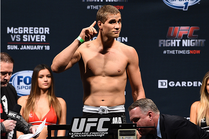BOSTON, MA - JANUARY 17: Matt Van Buren steps on the scale during the UFC Fight Night Boston weigh-in event at the Orpheum Theatre on January 17, 2015 in Boston, Massachusetts. (Photo by Jeff Bottari/Zuffa LLC/Zuffa LLC via Getty Images)