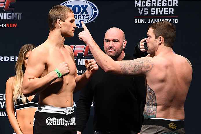 BOSTON, MA - JANUARY 17:  Matt Van Buren (L) and Sean O'Connell face off during the UFC Fight Night Boston weigh-in event at the Orpheum Theatre on January 17, 2015 in Boston, Massachusetts. (Photo by Jeff Bottari/Zuffa LLC/Zuffa LLC via Getty Images)