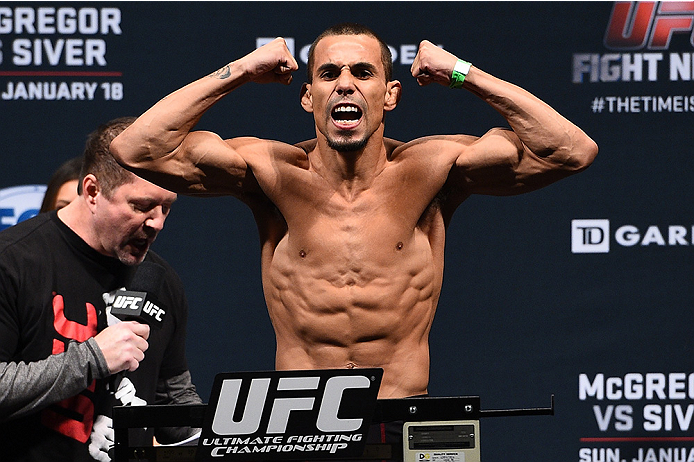 BOSTON, MA - JANUARY 17: Sean Soriano steps on the scale during the UFC Fight Night Boston weigh-in event at the Orpheum Theatre on January 17, 2015 in Boston, Massachusetts. (Photo by Jeff Bottari/Zuffa LLC/Zuffa LLC via Getty Images)