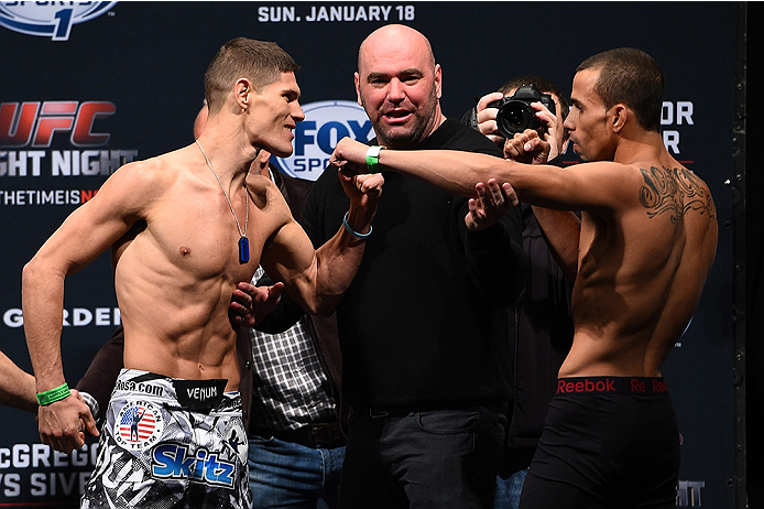 BOSTON, MA - JANUARY 17:  Charles Rosa (L) and Sean Soriano face off during the UFC Fight Night Boston weigh-in event at the Orpheum Theatre on January 17, 2015 in Boston, Massachusetts. (Photo by Jeff Bottari/Zuffa LLC/Zuffa LLC via Getty Images)