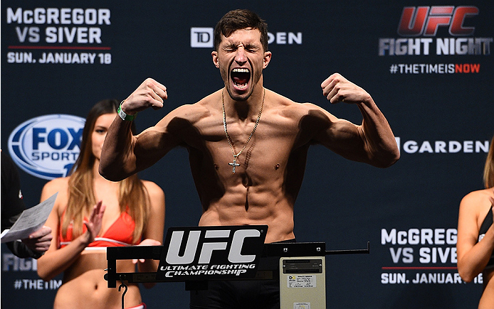 BOSTON, MA - JANUARY 17: Frankie Perez steps on the scale during the UFC Fight Night Boston weigh-in event at the Orpheum Theatre on January 17, 2015 in Boston, Massachusetts. (Photo by Jeff Bottari/Zuffa LLC/Zuffa LLC via Getty Images)