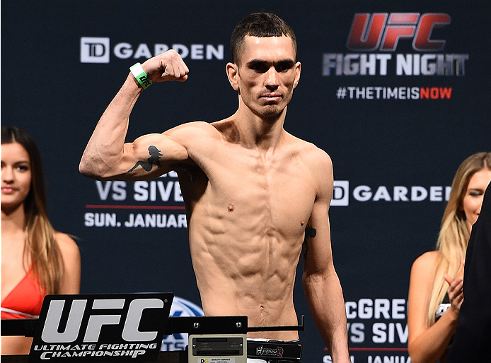 BOSTON, MA - JANUARY 17: Shane Howell steps on the scale during the UFC Fight Night Boston weigh-in event at the Orpheum Theatre on January 17, 2015 in Boston, Massachusetts. (Photo by Jeff Bottari/Zuffa LLC/Zuffa LLC via Getty Images)
