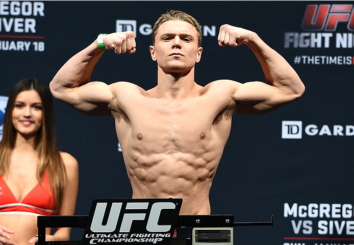 BOSTON, MA - JANUARY 17:  Chris Wade steps on the scale during the UFC Fight Night Boston weigh-in event at the Orpheum Theatre on January 17, 2015 in Boston, Massachusetts. (Photo by Jeff Bottari/Zuffa LLC/Zuffa LLC via Getty Images)