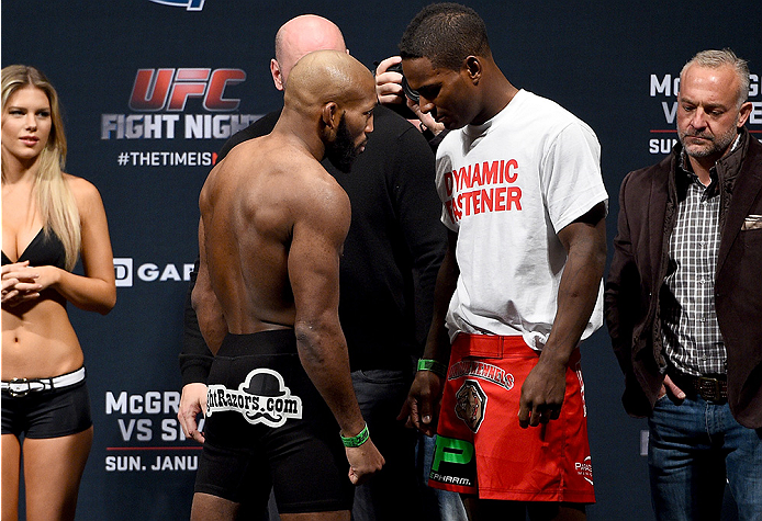 BOSTON, MA - JANUARY 17:  John Howard (L) and Lorenz Larkin face off during the UFC Fight Night Boston weigh-in event at the Orpheum Theatre on January 17, 2015 in Boston, Massachusetts. (Photo by Jeff Bottari/Zuffa LLC/Zuffa LLC via Getty Images)