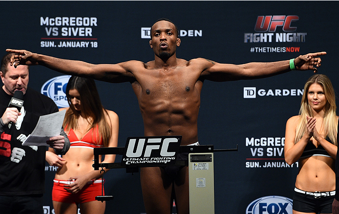 BOSTON, MA - JANUARY 17:  Sean Spencer steps on the scale during the UFC Fight Night Boston weigh-in event at the Orpheum Theatre on January 17, 2015 in Boston, Massachusetts. (Photo by Jeff Bottari/Zuffa LLC/Zuffa LLC via Getty Images)