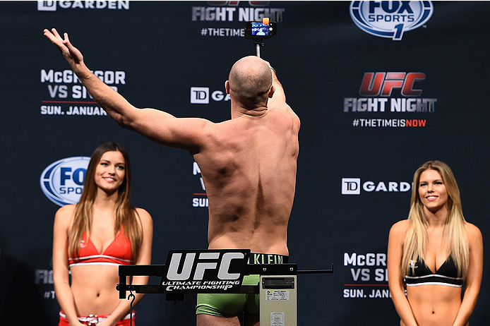 BOSTON, MA - JANUARY 17:  Cathal Pendred of Ireland steps on the scale during the UFC Fight Night Boston weigh-in event at the Orpheum Theatre on January 17, 2015 in Boston, Massachusetts. (Photo by Jeff Bottari/Zuffa LLC/Zuffa LLC via Getty Images)