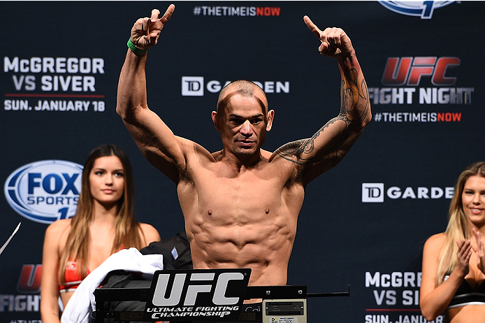 BOSTON, MA - JANUARY 17:  Gleison Tibau of Brazil steps on the scale during the UFC Fight Night Boston weigh-in event at the Orpheum Theatre on January 17, 2015 in Boston, Massachusetts. (Photo by Jeff Bottari/Zuffa LLC/Zuffa LLC via Getty Images)