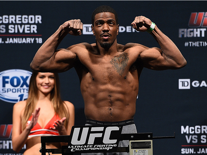 BOSTON, MA - JANUARY 17: Ron Stallings steps on the scale during the UFC Fight Night Boston weigh-in event at the Orpheum Theatre on January 17, 2015 in Boston, Massachusetts. (Photo by Jeff Bottari/Zuffa LLC/Zuffa LLC via Getty Images)