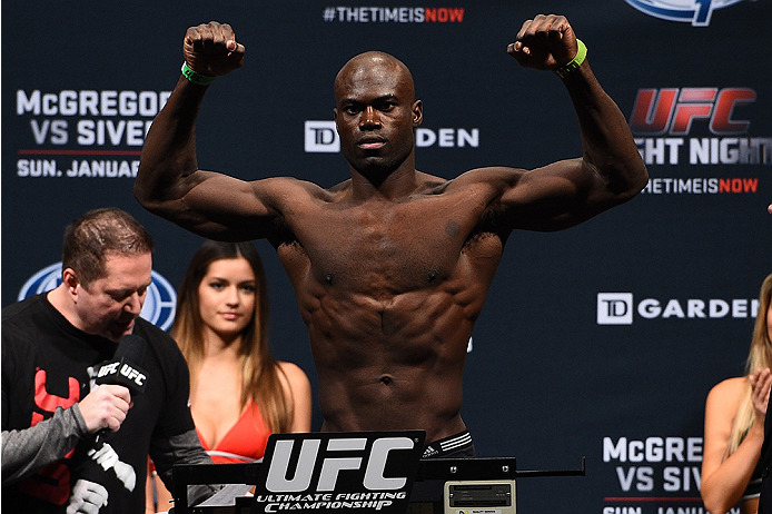 BOSTON, MA - JANUARY 17:  Uriah Hall steps on the scale during the UFC Fight Night Boston weigh-in event at the Orpheum Theatre on January 17, 2015 in Boston, Massachusetts. (Photo by Jeff Bottari/Zuffa LLC/Zuffa LLC via Getty Images)