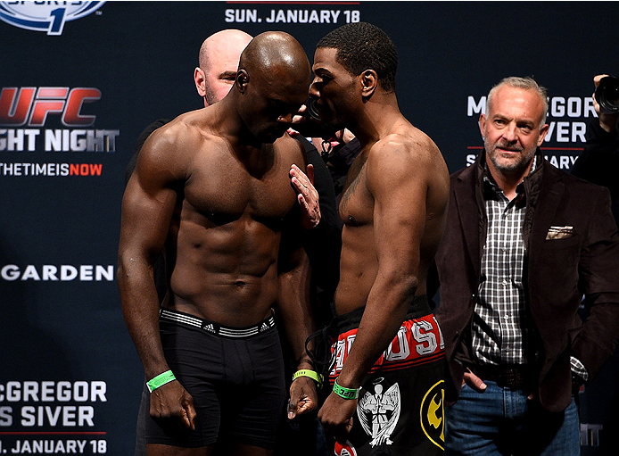 BOSTON, MA - JANUARY 17: UFC middleweights Uriah Hall (L) and Ron Stallings face off during the UFC Fight Night Boston weigh-in event at the Orpheum Theatre on January 17, 2015 in Boston, Massachusetts. (Photo by Jeff Bottari/Zuffa LLC/Zuffa LLC via Gett