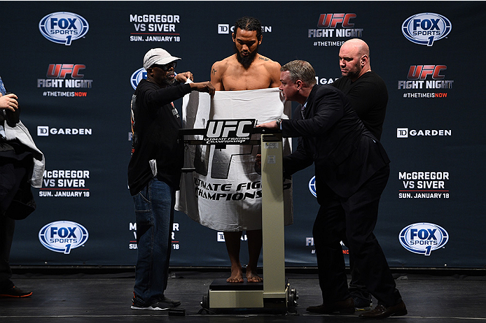 BOSTON, MA - JANUARY 17:  Benson 'Smooth' Henderson steps on the scale during the UFC Fight Night Boston weigh-in event at the Orpheum Theatre on January 17, 2015 in Boston, Massachusetts. (Photo by Jeff Bottari/Zuffa LLC/Zuffa LLC via Getty Images)