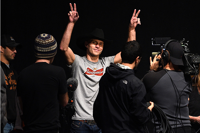 BOSTON, MA - JANUARY 17:  Donald 'Cowboy' Cerrone walks onstage during the UFC Fight Night Boston weigh-in event at the Orpheum Theatre on January 17, 2015 in Boston, Massachusetts. (Photo by Jeff Bottari/Zuffa LLC/Zuffa LLC via Getty Images)