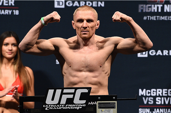 BOSTON, MA - JANUARY 17: Dennis Siver of Germany steps on the scale during the UFC Fight Night Boston weigh-in event at the Orpheum Theatre on January 17, 2015 in Boston, Massachusetts. (Photo by Jeff Bottari/Zuffa LLC/Zuffa LLC via Getty Images)