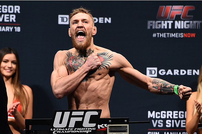 BOSTON, MA - JANUARY 17: Conor 'The Notorious' McGregor of Ireland steps on the scale during the UFC Fight Night Boston weigh-in event at the Orpheum Theatre on January 17, 2015 in Boston, Massachusetts. (Photo by Jeff Bottari/Zuffa LLC/Zuffa LLC via Get