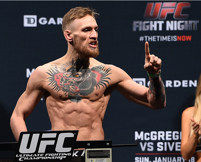 BOSTON, MA - JANUARY 17:  Conor 'The Notorious' McGregor of Ireland steps on the scale during the UFC Fight Night Boston weigh-in event at the Orpheum Theatre on January 17, 2015 in Boston, Massachusetts. (Photo by Jeff Bottari/Zuffa LLC/Zuffa LLC via Get