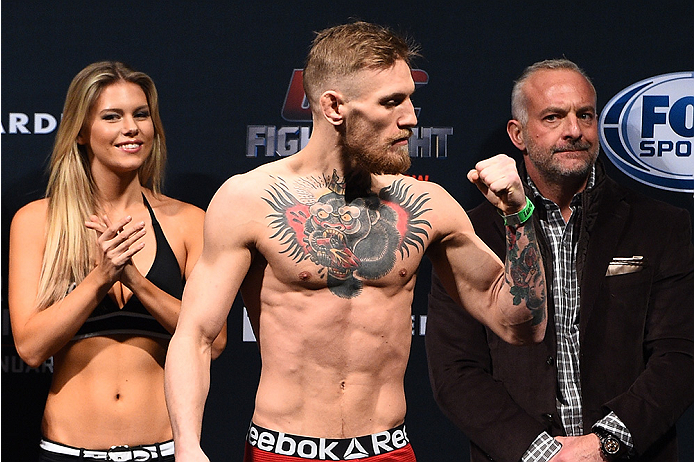 BOSTON, MA - JANUARY 17:  Conor 'The Notorious' McGregor of Ireland interacts with the crowd during the UFC Fight Night Boston weigh-in event at the Orpheum Theatre on January 17, 2015 in Boston, Massachusetts. (Photo by Jeff Bottari/Zuffa LLC/Zuffa LLC v