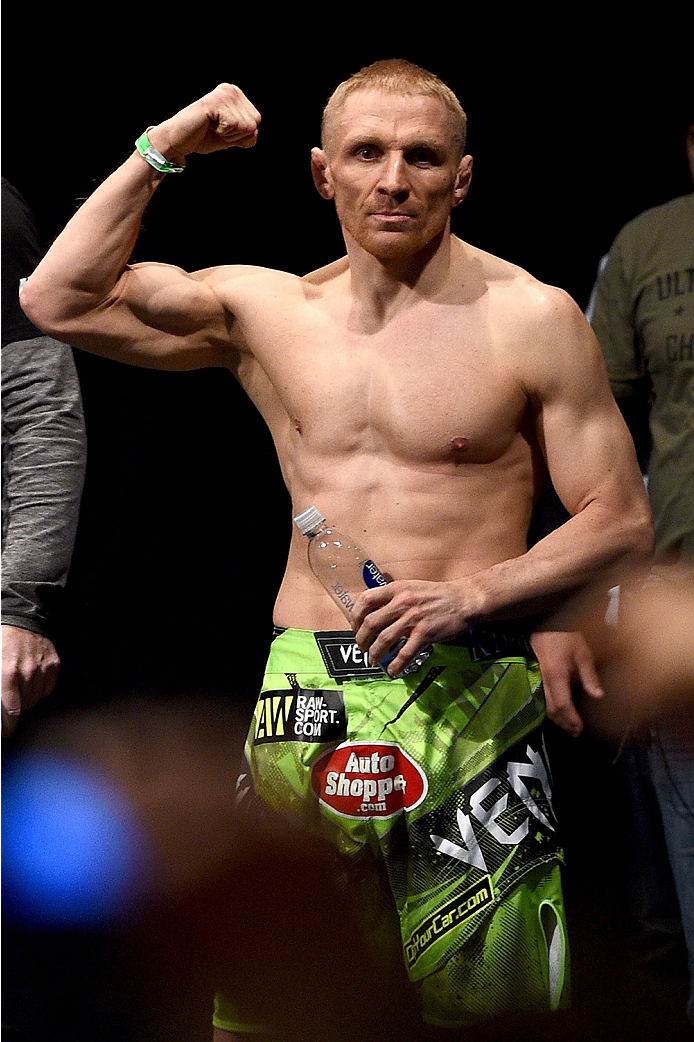 BOSTON, MA - JANUARY 17: Dennis Siver of Germany interacts with the crowd during the UFC Fight Night Boston weigh-in event at the Orpheum Theatre on January 17, 2015 in Boston, Massachusetts. (Photo by Jeff Bottari/Zuffa LLC/Zuffa LLC via Getty Images)