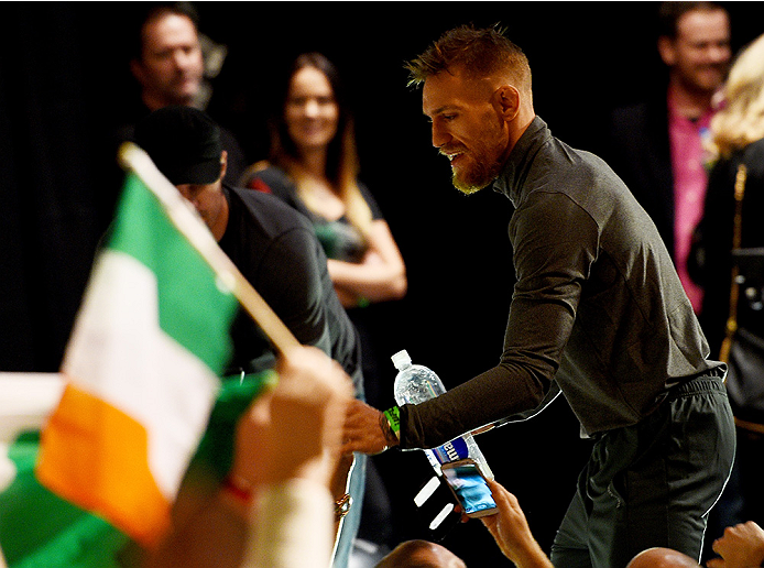 BOSTON, MA - JANUARY 17:  Conor 'The Notorious' McGregor of Ireland interacts with the crowd during the UFC Fight Night Boston weigh-in event at the Orpheum Theatre on January 17, 2015 in Boston, Massachusetts. (Photo by Jeff Bottari/Zuffa LLC/Zuffa LLC v