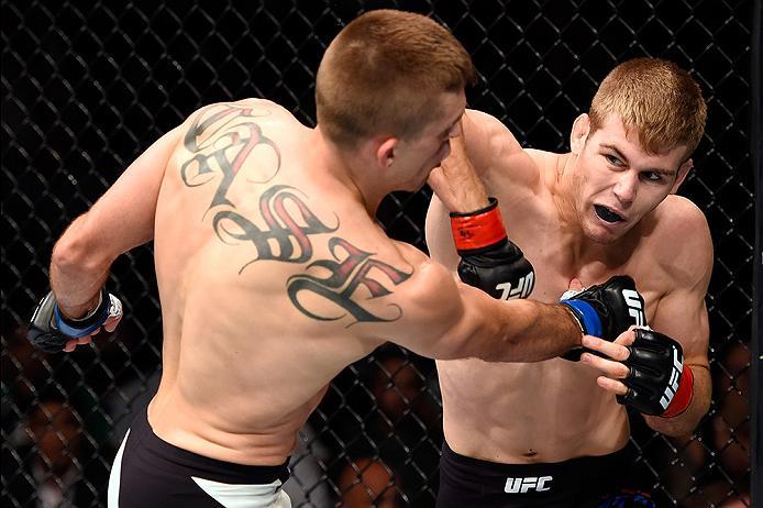 BRISBANE, AUSTRALIA - MARCH 20: (R-L) Jake Matthews of Australia lands an elbow to the head Johnny Case of the United States in their lightweight bout during the UFC Fight Night event at the Brisbane Entertainment Centre on March 20, 2016 in Brisbane, Au