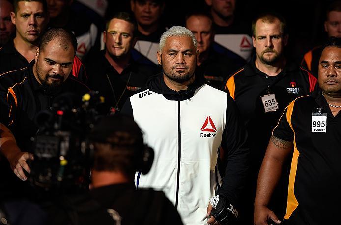 BRISBANE, AUSTRALIA - MARCH 20: Mark Hunt of New Zealand enters the arena before facing Frank Mir of the United States in their heavyweight bout during the UFC Fight Night event at the Brisbane Entertainment Centre on March 20, 2016 in Brisbane, Australi
