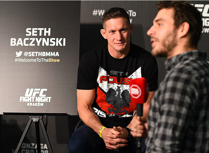 KRAKOW, POLAND - APRIL 08:  Seth Baczynski of the United States interacts with media during the UFC Fight Night Ultimate Media Day inside the TAURON Arena on April 8, 2015 in Krakow, Poland. (Photo by Jeff Bottari/Zuffa LLC/Zuffa LLC via Getty Images)