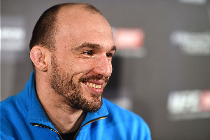 KRAKOW, POLAND - APRIL 08: Bartosz Fabinski interacts with media during the UFC Fight Night Ultimate Media Day inside the TAURON Arena on April 8, 2015 in Krakow, Poland. (Photo by Jeff Bottari/Zuffa LLC/Zuffa LLC via Getty Images)