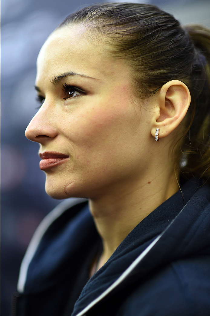 KRAKOW, POLAND - APRIL 08:  Aleksandra Albu interacts with media during the UFC Fight Night Ultimate Media Day inside the TAURON Arena on April 8, 2015 in Krakow, Poland. (Photo by Jeff Bottari/Zuffa LLC/Zuffa LLC via Getty Images)