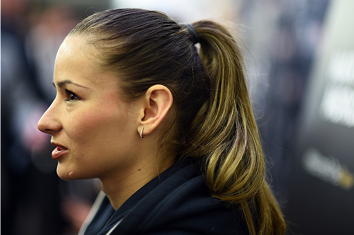 KRAKOW, POLAND - APRIL 08:  Aleksandra Albu interacts with media during the UFC Fight Night Ultimate Media Day inside the TAURON Arena on April 8, 2015 in Krakow, Poland. (Photo by Jeff Bottari/Zuffa LLC/Zuffa LLC via Getty Images)