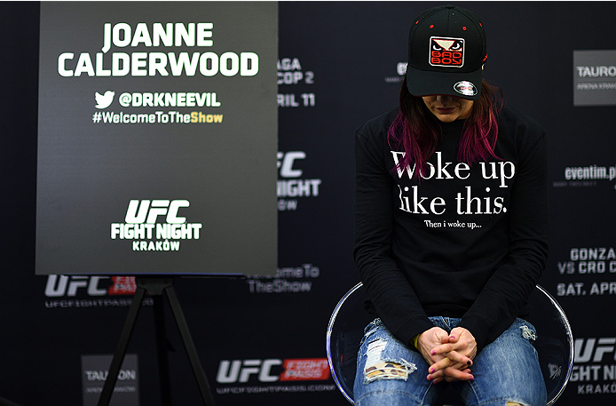 KRAKOW, POLAND - APRIL 08:  Joanne Calderwood of Scotland takes a break between interviews during the UFC Fight Night Ultimate Media Day inside the TAURON Arena on April 8, 2015 in Krakow, Poland. (Photo by Jeff Bottari/Zuffa LLC/Zuffa LLC via Getty Image