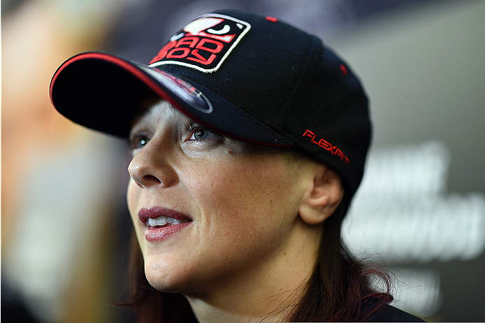 KRAKOW, POLAND - APRIL 08: Joanne Calderwood of Scotland interacts with media during the UFC Fight Night Ultimate Media Day inside the TAURON Arena on April 8, 2015 in Krakow, Poland. (Photo by Jeff Bottari/Zuffa LLC/Zuffa LLC via Getty Images)