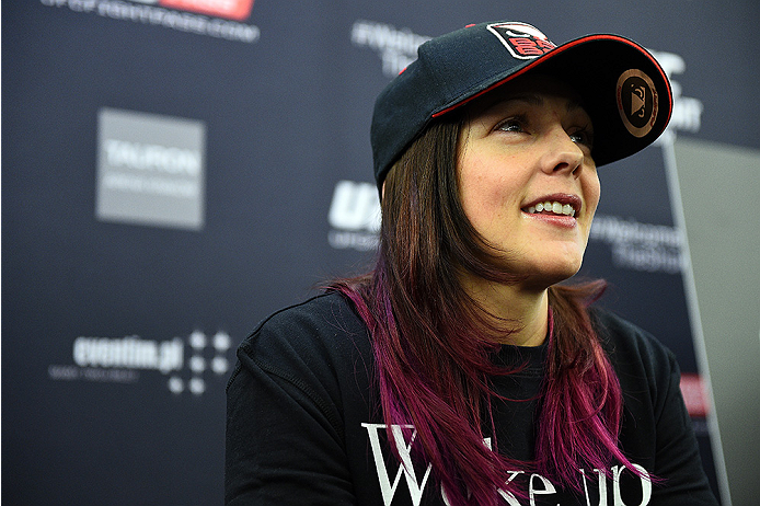 KRAKOW, POLAND - APRIL 08: Joanne Calderwood of Scotland interacts with media during the UFC Fight Night Ultimate Media Day inside the TAURON Arena on April 8, 2015 in Krakow, Poland. (Photo by Jeff Bottari/Zuffa LLC/Zuffa LLC via Getty Images)