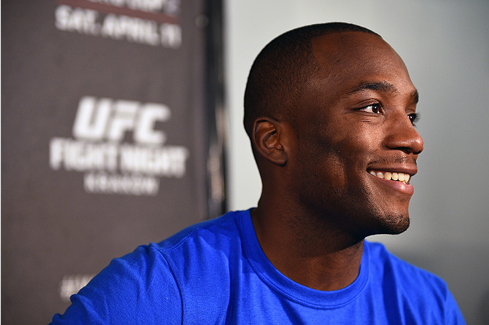 KRAKOW, POLAND - APRIL 08: Leon Edwards of Jamaica interacts with the media during the UFC Fight Night Ultimate Media Day inside the TAURON Arena on April 8, 2015 in Krakow, Poland. (Photo by Jeff Bottari/Zuffa LLC/Zuffa LLC via Getty Images)