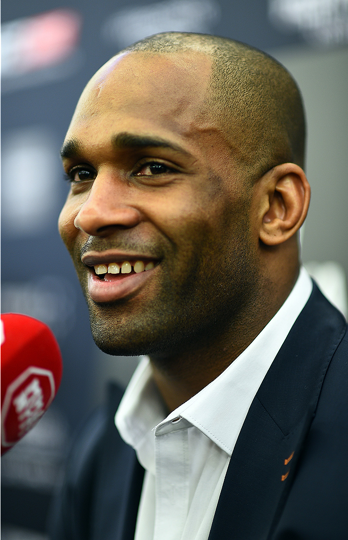KRAKOW, POLAND - APRIL 08: Jimi Manuwa of England interacts with media during the UFC Fight Night Ultimate Media Day inside the TAURON Arena on April 8, 2015 in Krakow, Poland. (Photo by Jeff Bottari/Zuffa LLC/Zuffa LLC via Getty Images)