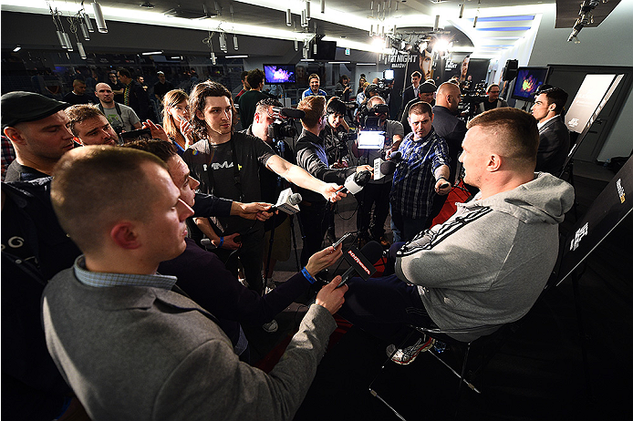 KRAKOW, POLAND - APRIL 08: Mirko Cro Cop of Croatia interacts with media during the UFC Fight Night Ultimate Media Day inside the TAURON Arena on April 8, 2015 in Krakow, Poland. (Photo by Jeff Bottari/Zuffa LLC/Zuffa LLC via Getty Images)