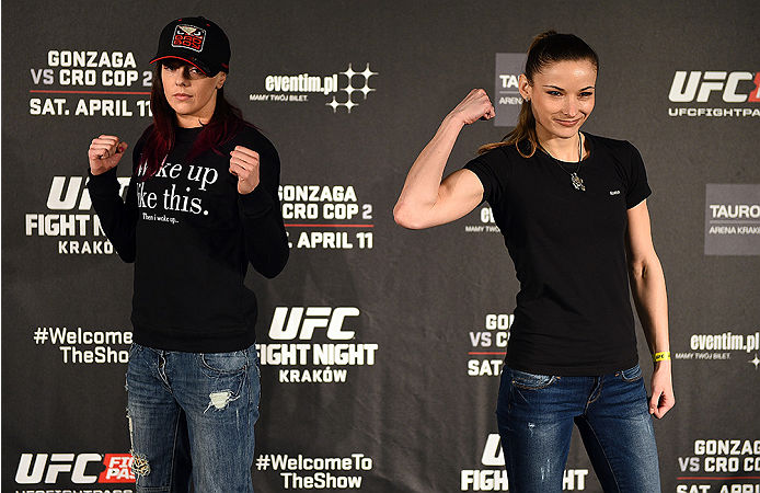 KRAKOW, POLAND - APRIL 08: Joanne Calderwood of Scotland (L) and Maryna Moroz of Croatia interact with the media during the UFC Fight Night Ultimate Media Day inside the TAURON Arena on April 8, 2015 in Krakow, Poland. (Photo by Jeff Bottari/Zuffa LLC/Zu