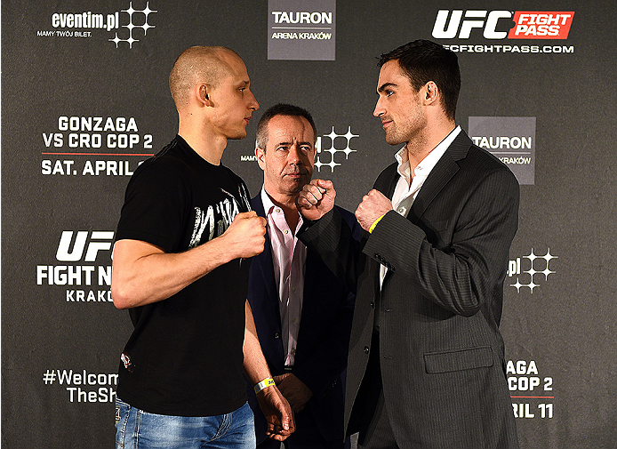 KRAKOW, POLAND - APRIL 08: Pawal Pawlak (L) and Sheldon Westcott of Canada face off for the media during the UFC Fight Night Ultimate Media Day inside the TAURON Arena on April 8, 2015 in Krakow, Poland. (Photo by Jeff Bottari/Zuffa LLC/Zuffa LLC via Get