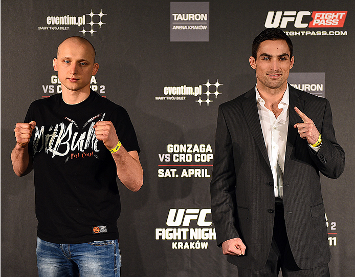 KRAKOW, POLAND - APRIL 08:  Pawal Pawlak (L) and Sheldon Westcott of Canada interact with the media during the UFC Fight Night Ultimate Media Day inside the TAURON Arena on April 8, 2015 in Krakow, Poland. (Photo by Jeff Bottari/Zuffa LLC/Zuffa LLC via Ge